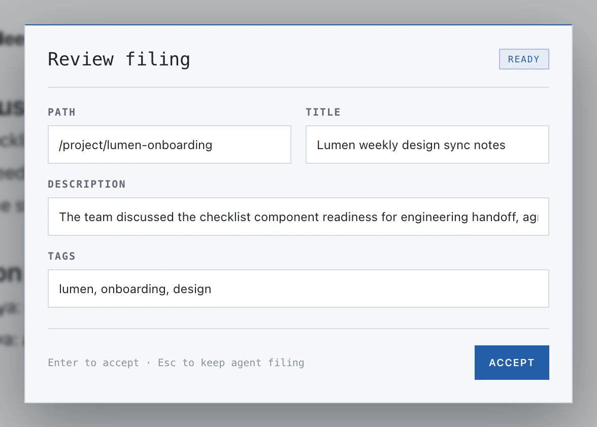 The filing dialog proposing a path, title, type and tags for a note