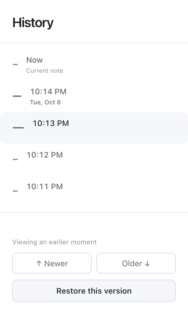 The history list of a note with restore actions