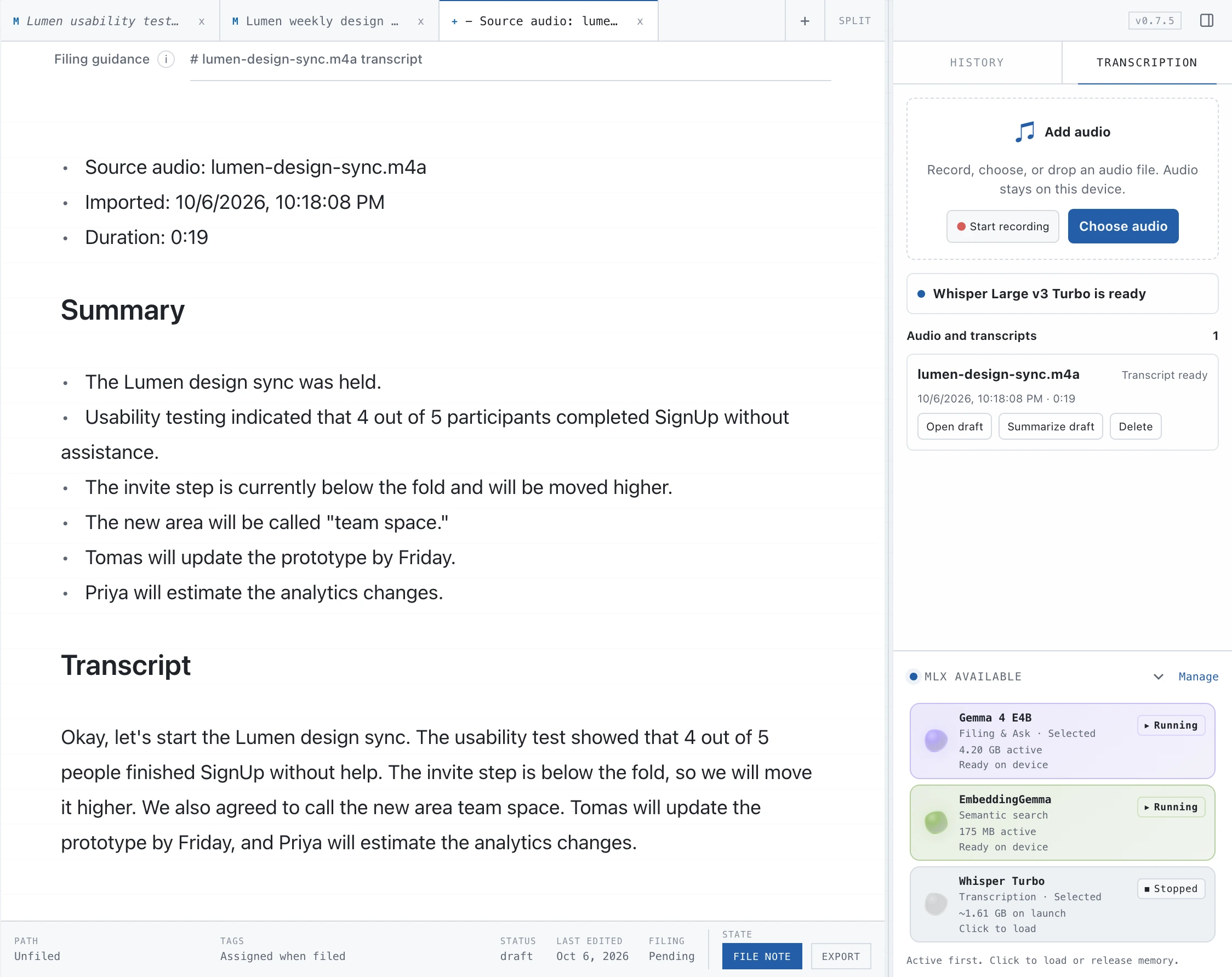 The Transcription tab with an imported audio file and its transcript